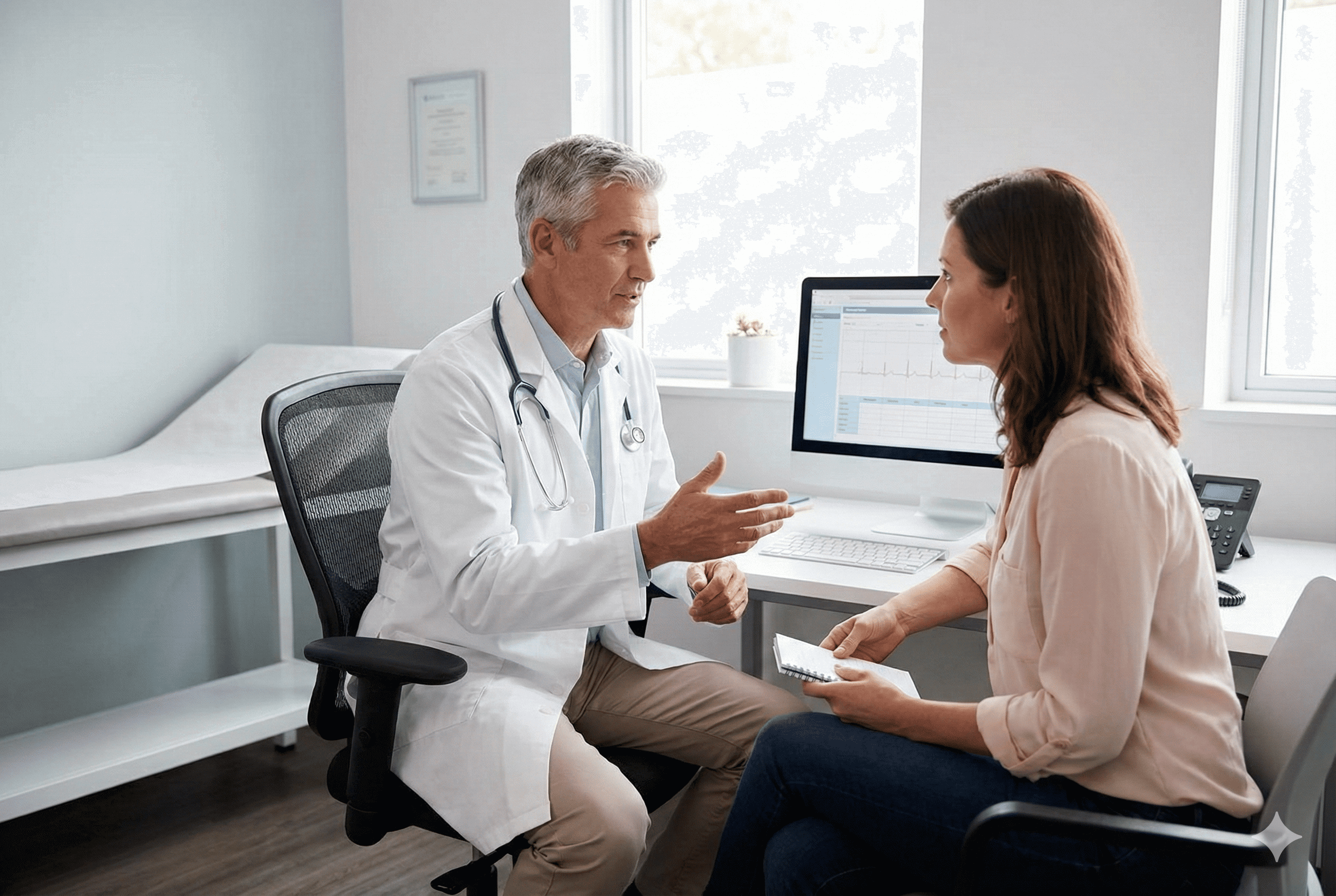 Doctor especialista en ortopedia explicando procedimiento a paciente