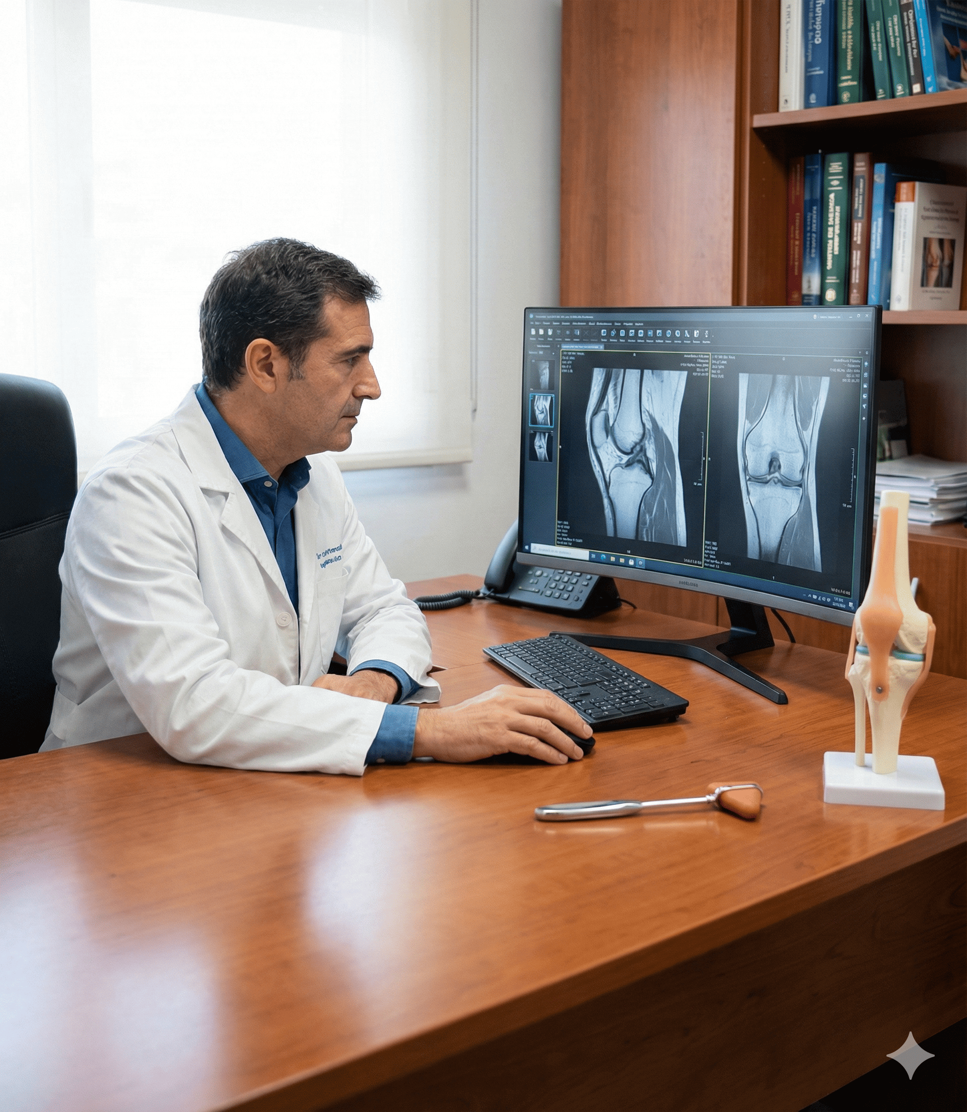 Doctor especialista revisando resonancia magnética de rodilla